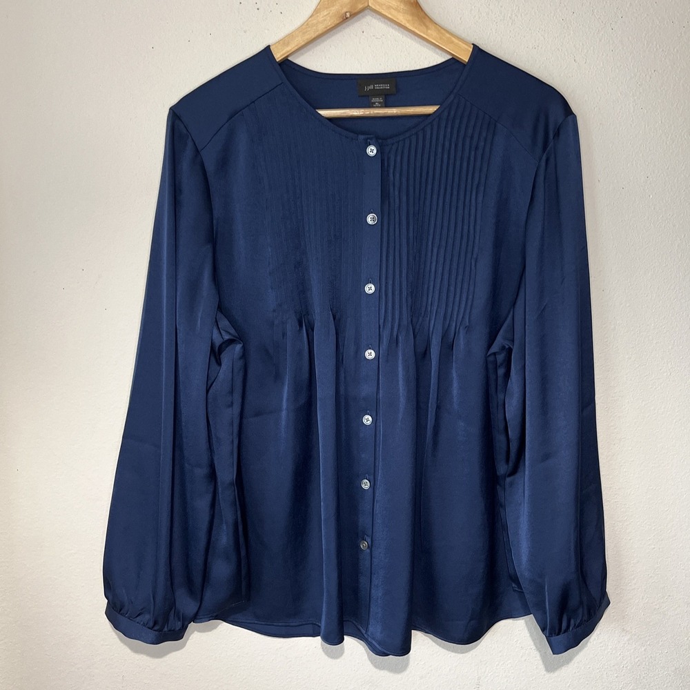 J. Jill Navy Pintuck Button-Front Blouse - Picture 2 of 12